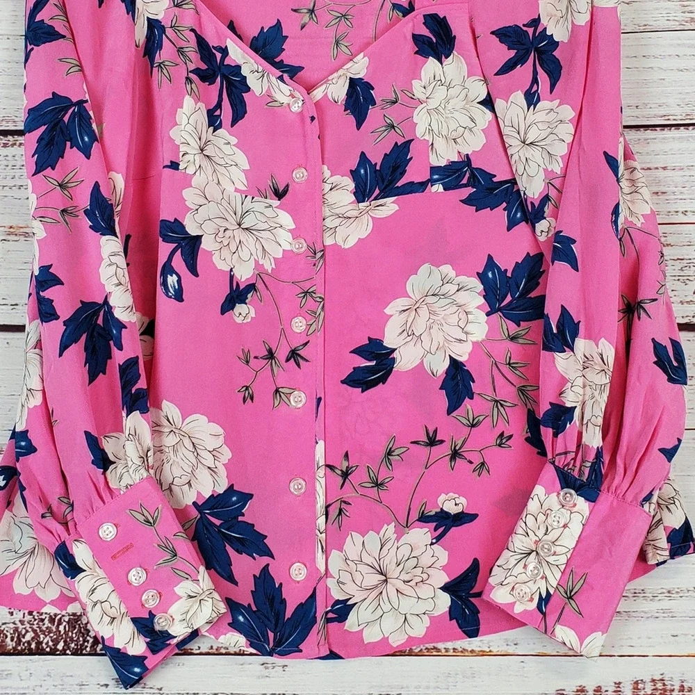Yumi Kim Velvet Morning Hot Pink Floral Blouse S Silky Puff Sleeves Tropical Top